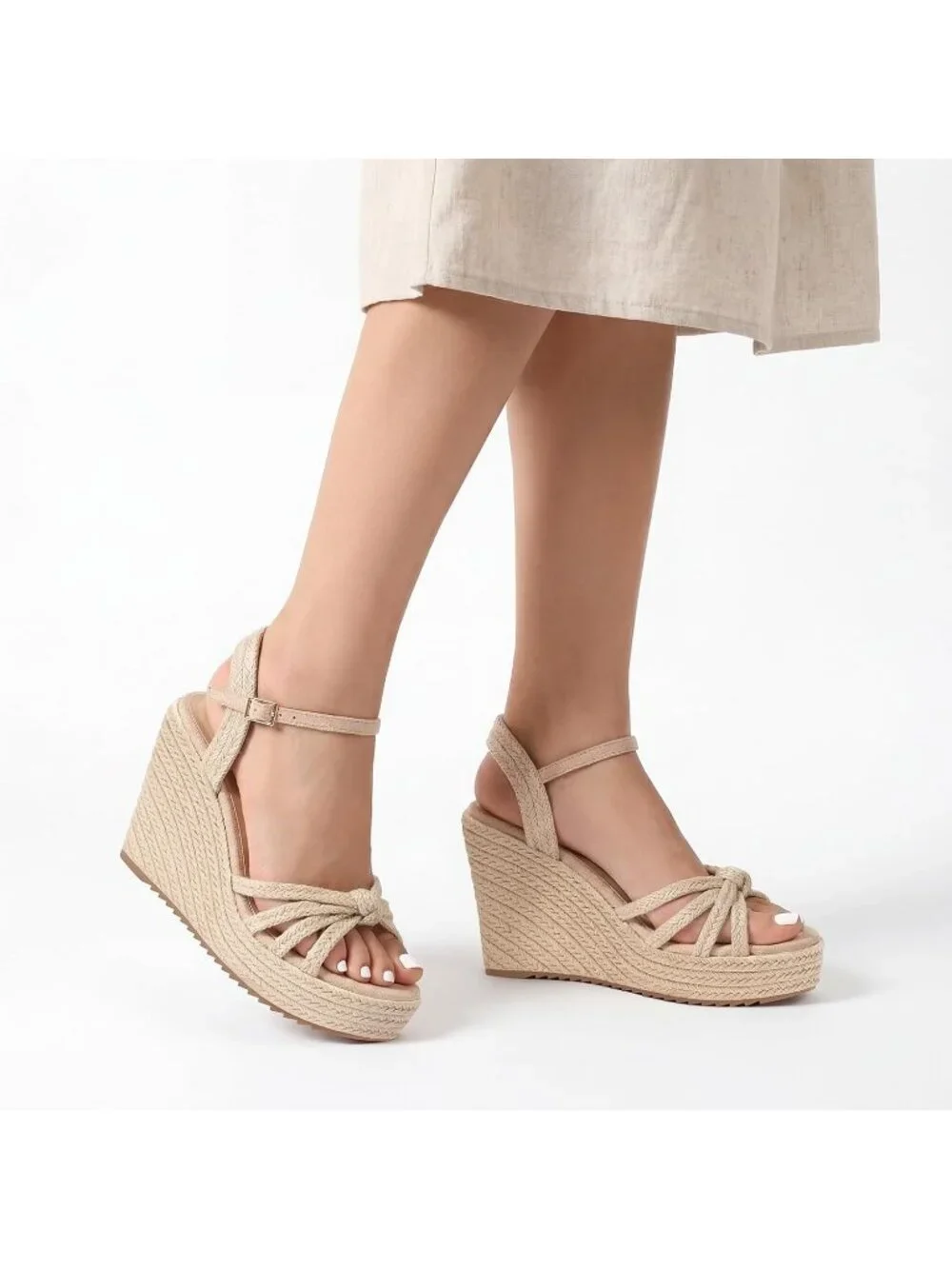 Women's Beige Espadrille Platform Wedge Sandals Open Toe Ankle Strap Heels